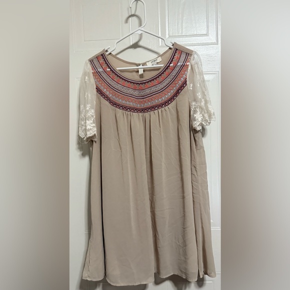 Umgee Tops - Umgee Tan Lined Short Ruffle Sleeve Tunic Shirt